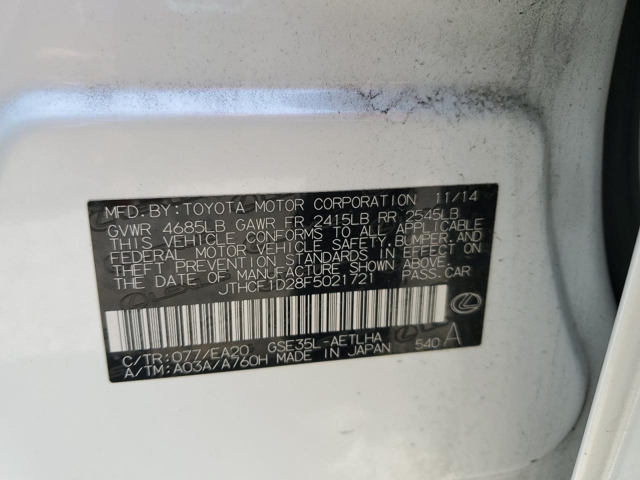 2015 Lexus Is 250 VIN: JTHCF1D28F5021721 Lot: 71062805