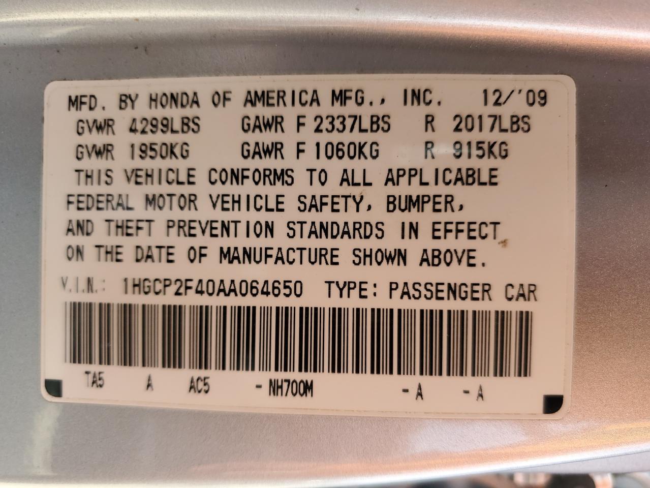 2010 Honda Accord Lxp VIN: 1HGCP2F40AA064650 Lot: 80866185