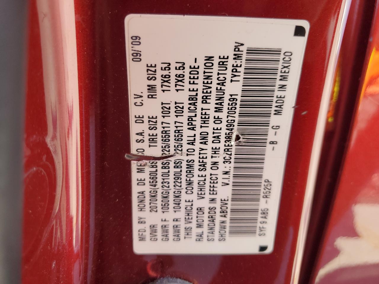 2009 Honda Cr-V Ex VIN: 3CZRE38549G705591 Lot: 80675665