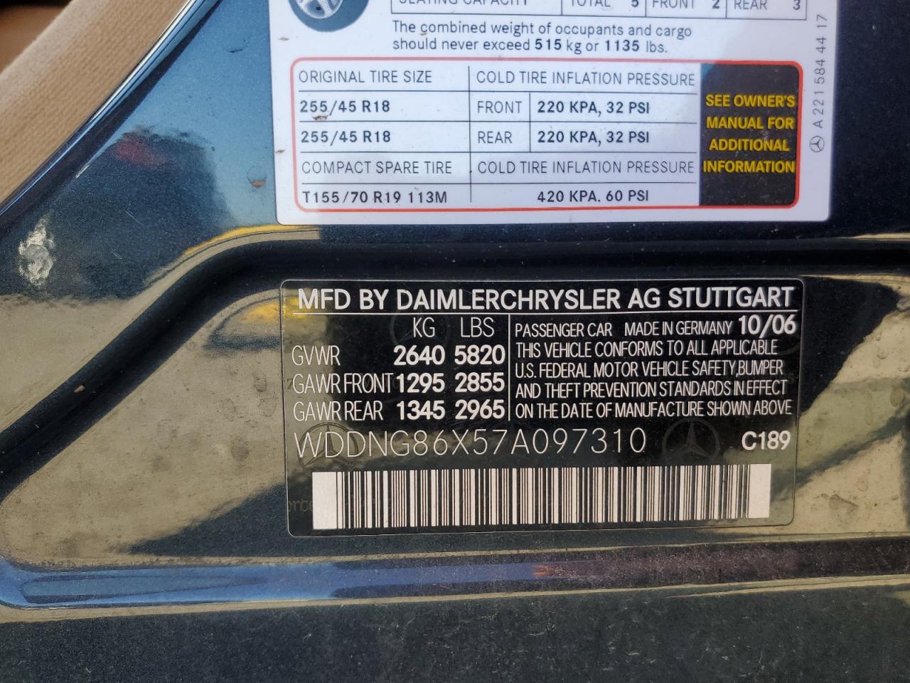 2007 Mercedes-Benz S 550 4Matic VIN: WDDNG86X57A097310 Lot: 84375955