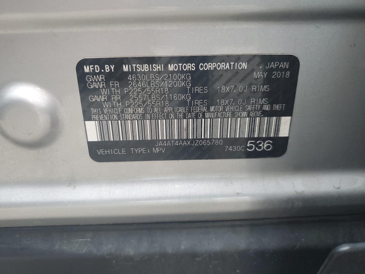 2018 Mitsubishi Eclipse Cross Le VIN: JA4AT4AAXJZ065780 Lot: 81900295