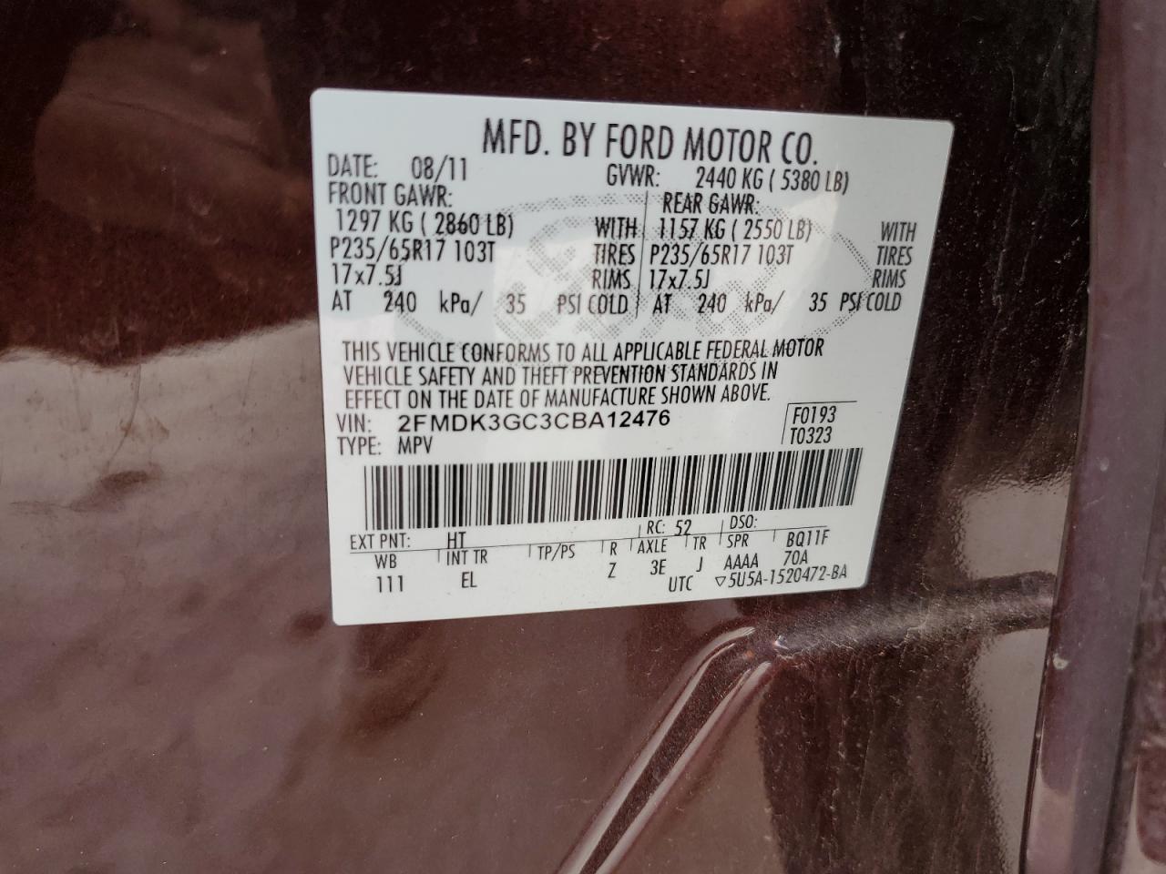 2012 Ford Edge Se VIN: 2FMDK3GC3CBA12476 Lot: 82169935