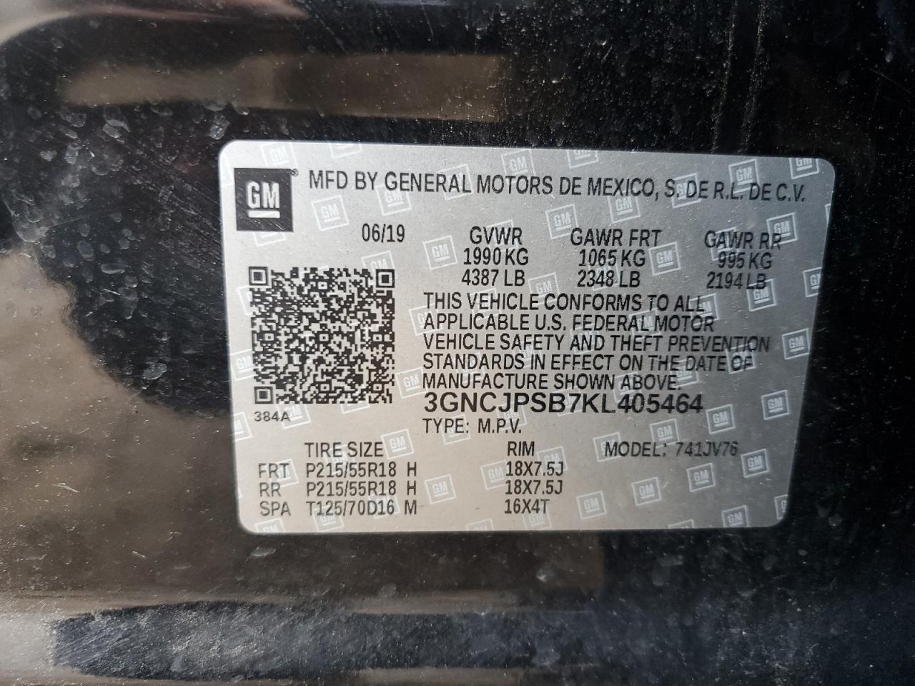 2019 Chevrolet Trax 1Lt VIN: 3GNCJPSB7KL405464 Lot: 70494135