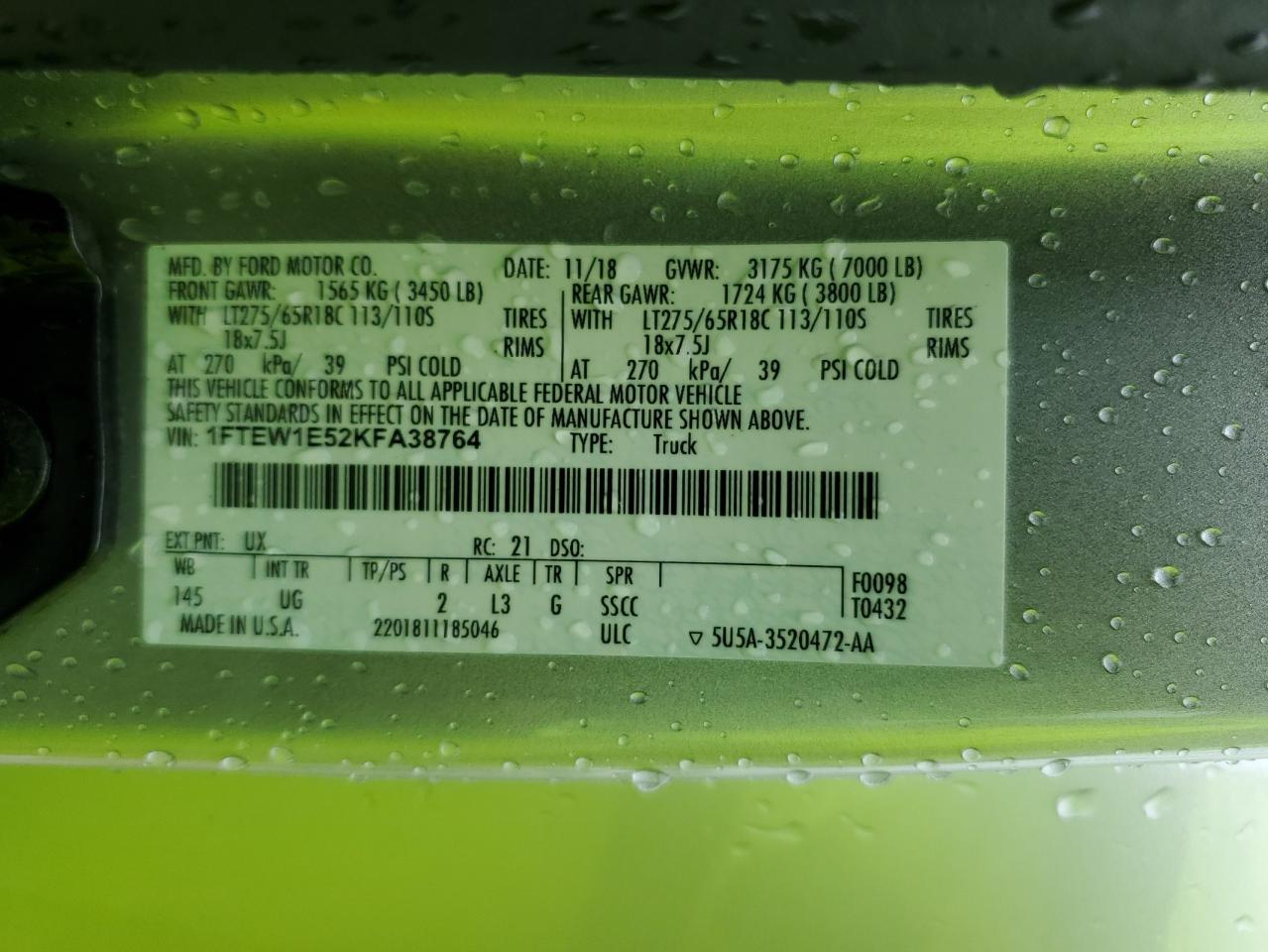 2019 Ford F150 Supercrew VIN: 1FTEW1E52KFA38764 Lot: 81695555