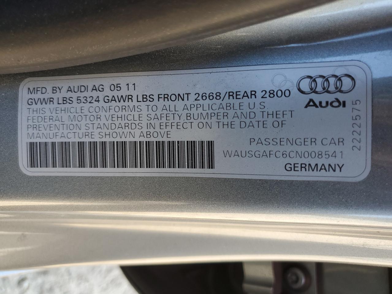 2012 Audi A7 Prestige VIN: WAUSGAFC6CN008541 Lot: 71669385