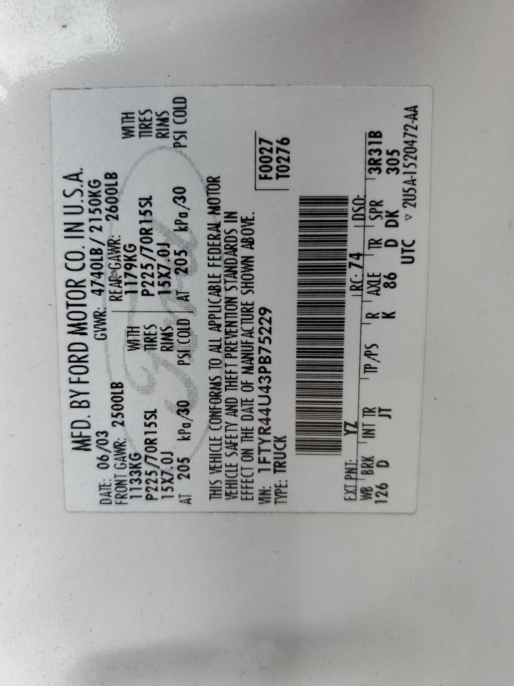 2003 Ford Ranger Super Cab VIN: 1FTYR44U43PB75229 Lot: 81259595