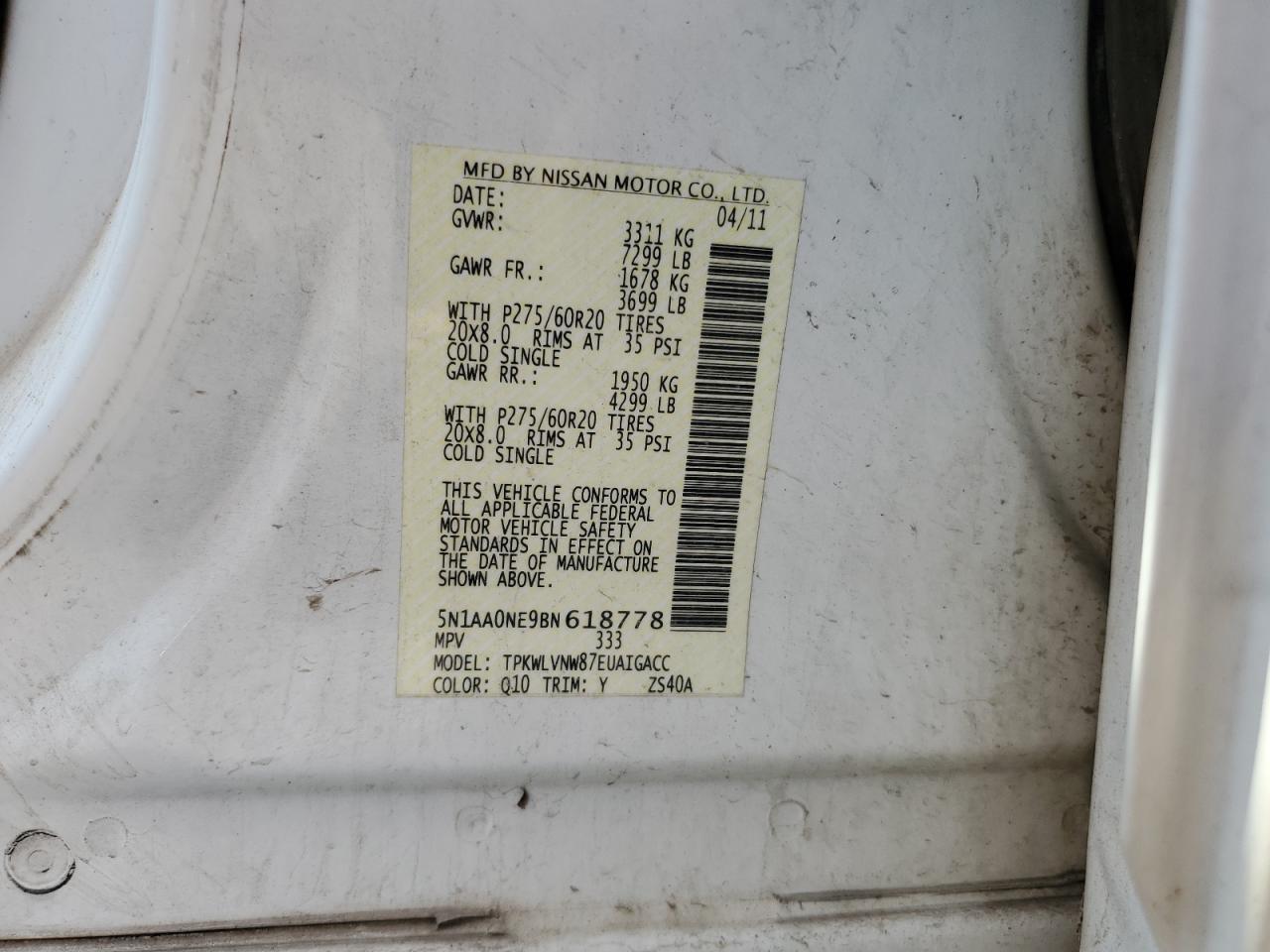 2011 Nissan Armada Platinum VIN: 5N1AA0NE9BN618778 Lot: 71259015