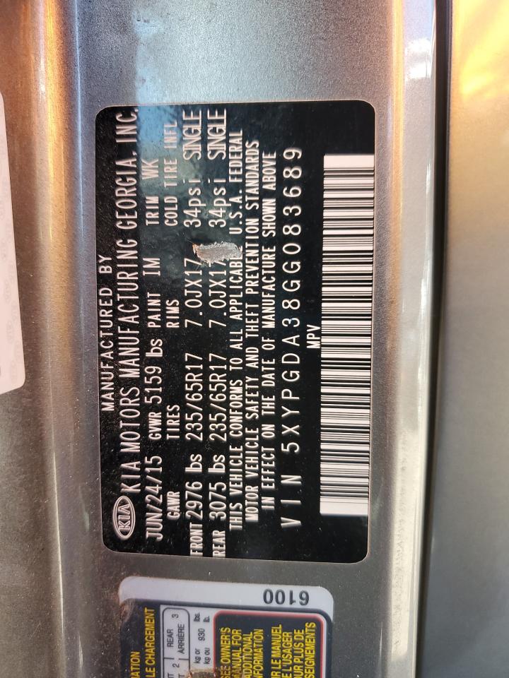 2016 Kia Sorento Lx VIN: 5XYPGDA38GG083689 Lot: 82172145