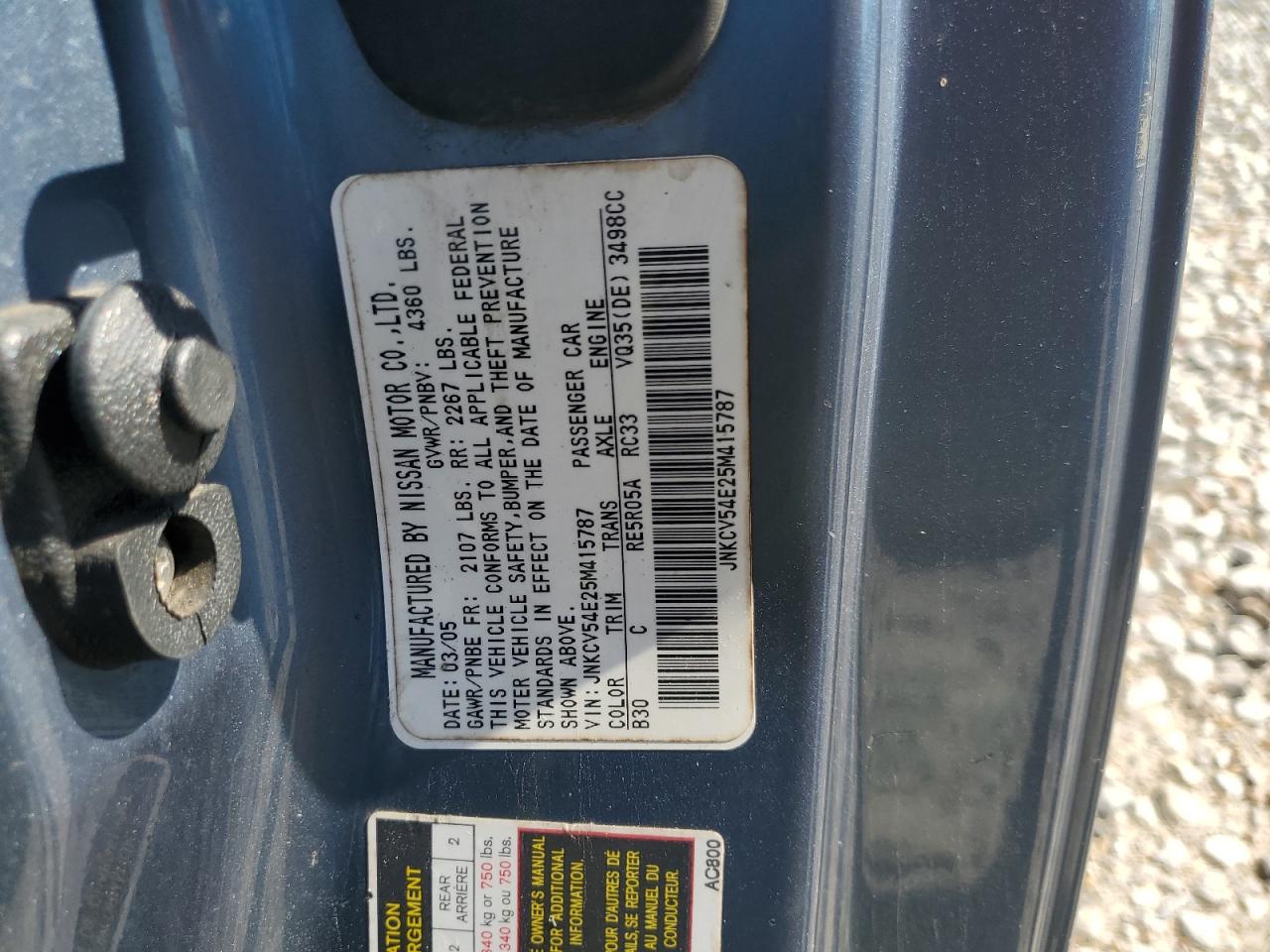 2005 Infiniti G35 VIN: JNKCV54E25M415787 Lot: 84438495