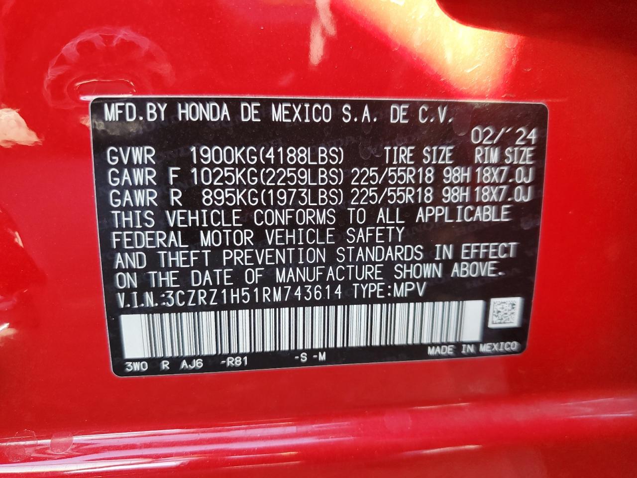 2024 Honda Hr-V Sport VIN: 3CZRZ1H51RM743614 Lot: 71215565