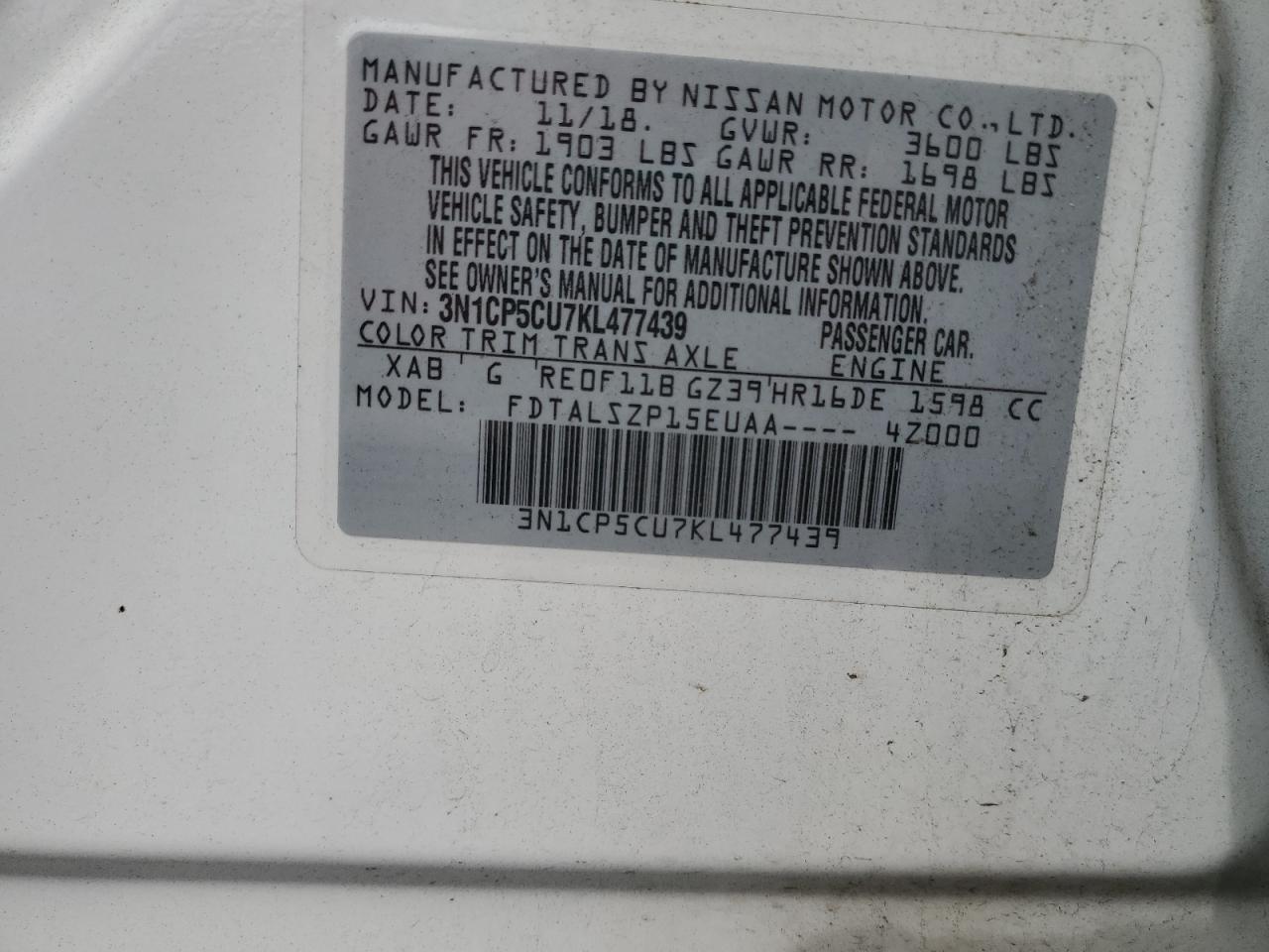 2019 Nissan Kicks S VIN: 3N1CP5CU7KL477439 Lot: 81918205