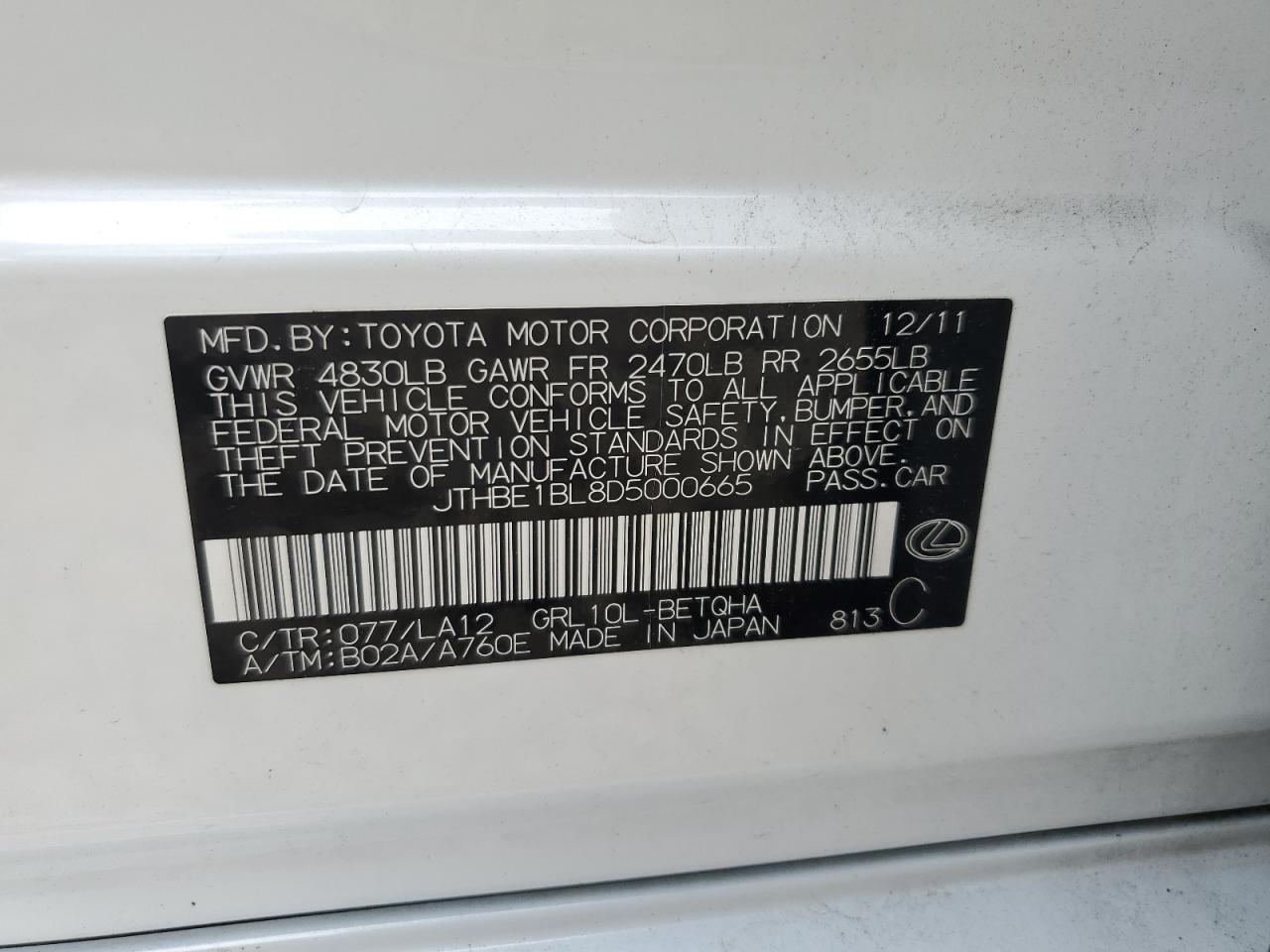 2013 Lexus Gs 350 VIN: JTHBE1BL8D5000665 Lot: 81807155