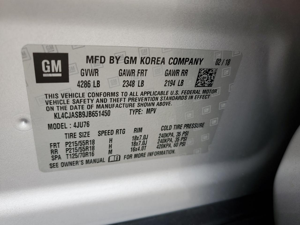 2018 Buick Encore Preferred VIN: KL4CJASB9JB651450 Lot: 71518395