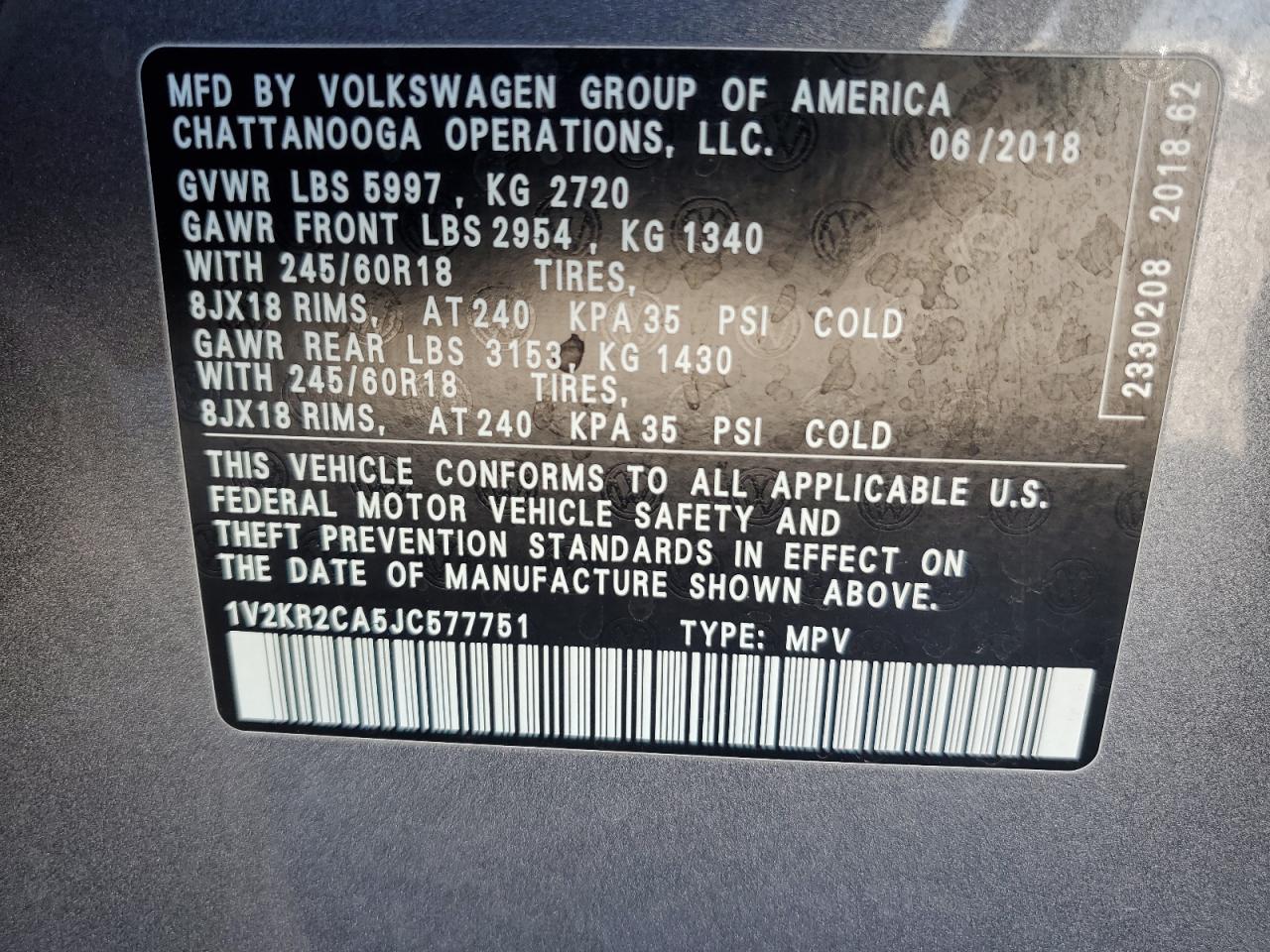 2018 Volkswagen Atlas Se VIN: 1V2KR2CA5JC577751 Lot: 71287595