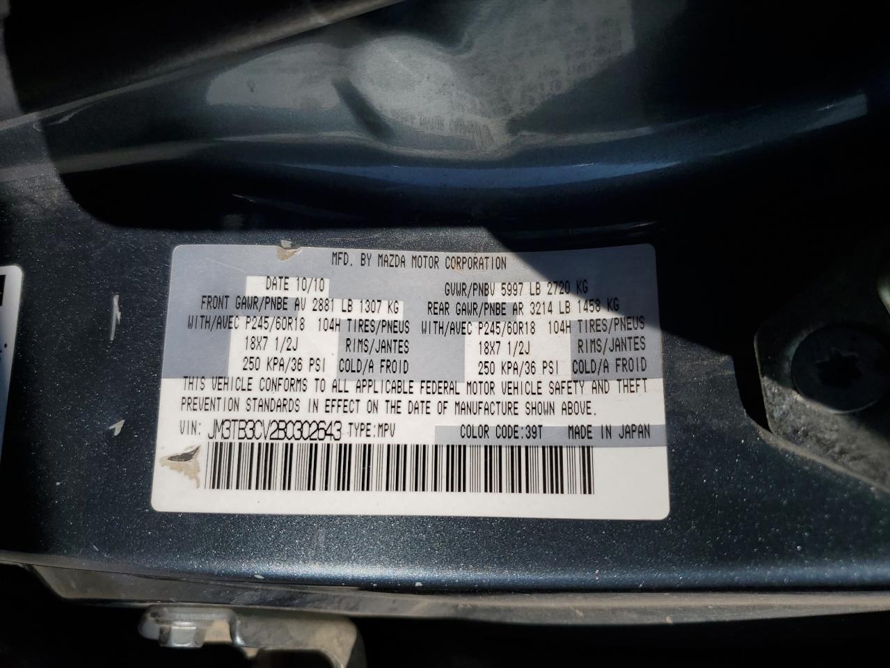 2011 Mazda Cx-9 VIN: JM3TB3CV2B0302643 Lot: 71748875