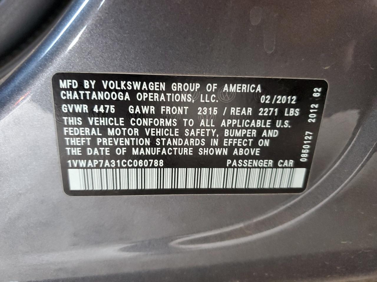 2012 Volkswagen Passat S VIN: 1VWAP7A31CC060788 Lot: 81405635