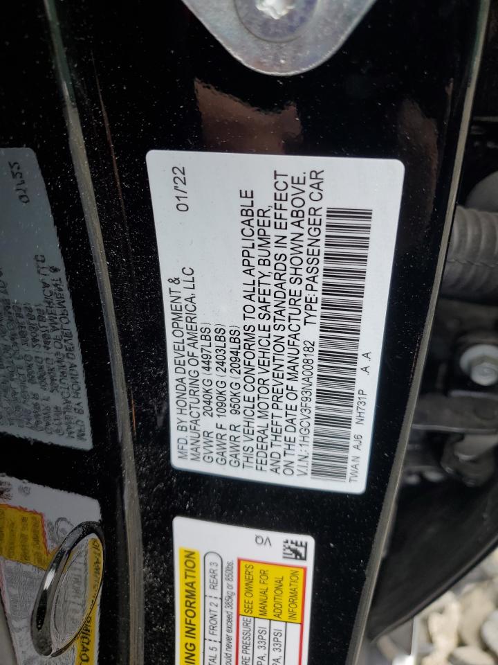 2022 Honda Accord Touring Hybrid VIN: 1HGCV3F93NA008182 Lot: 80728505
