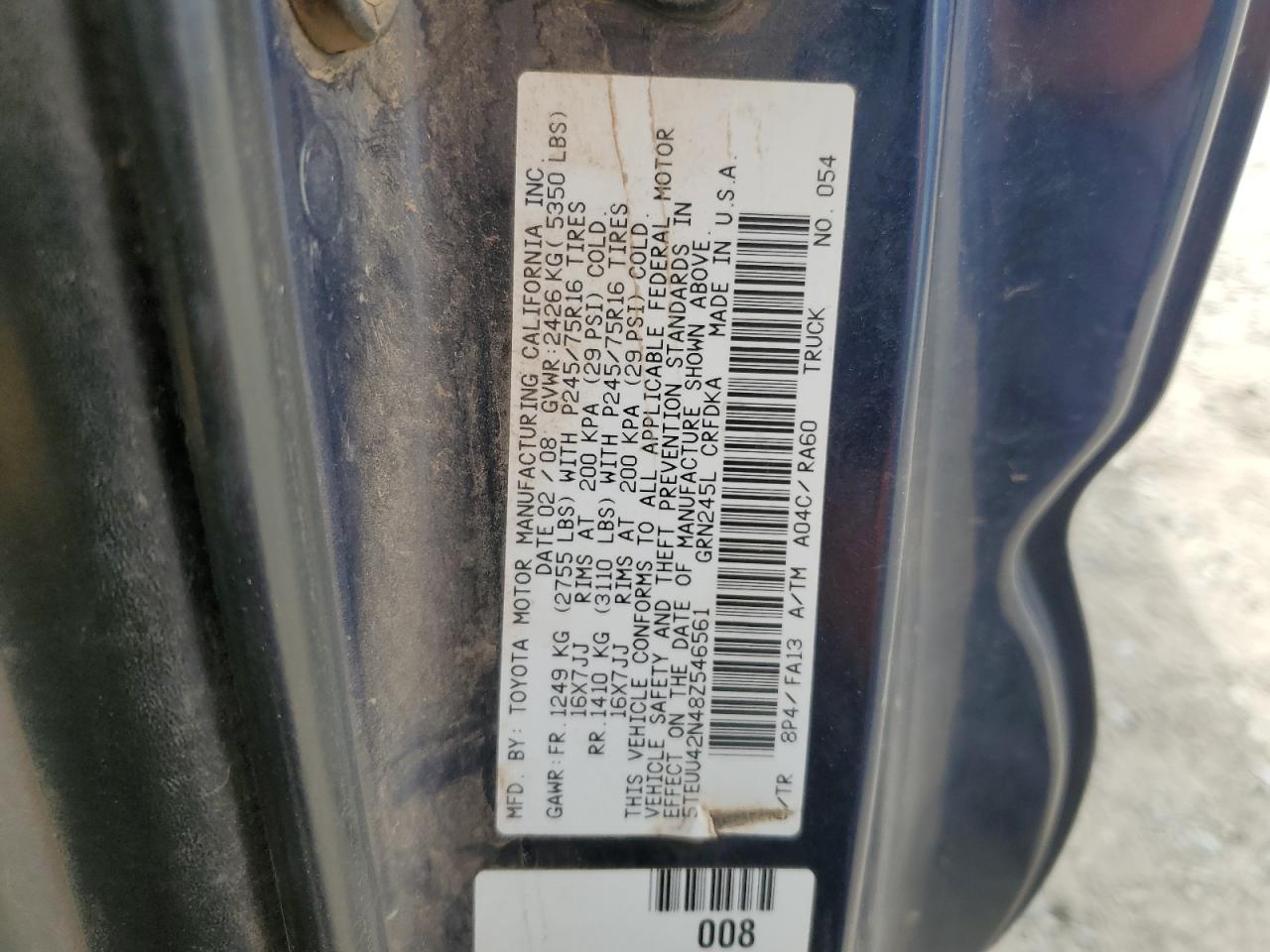 2008 Toyota Tacoma Access Cab VIN: 5TEUU42N48Z546561 Lot: 81326115