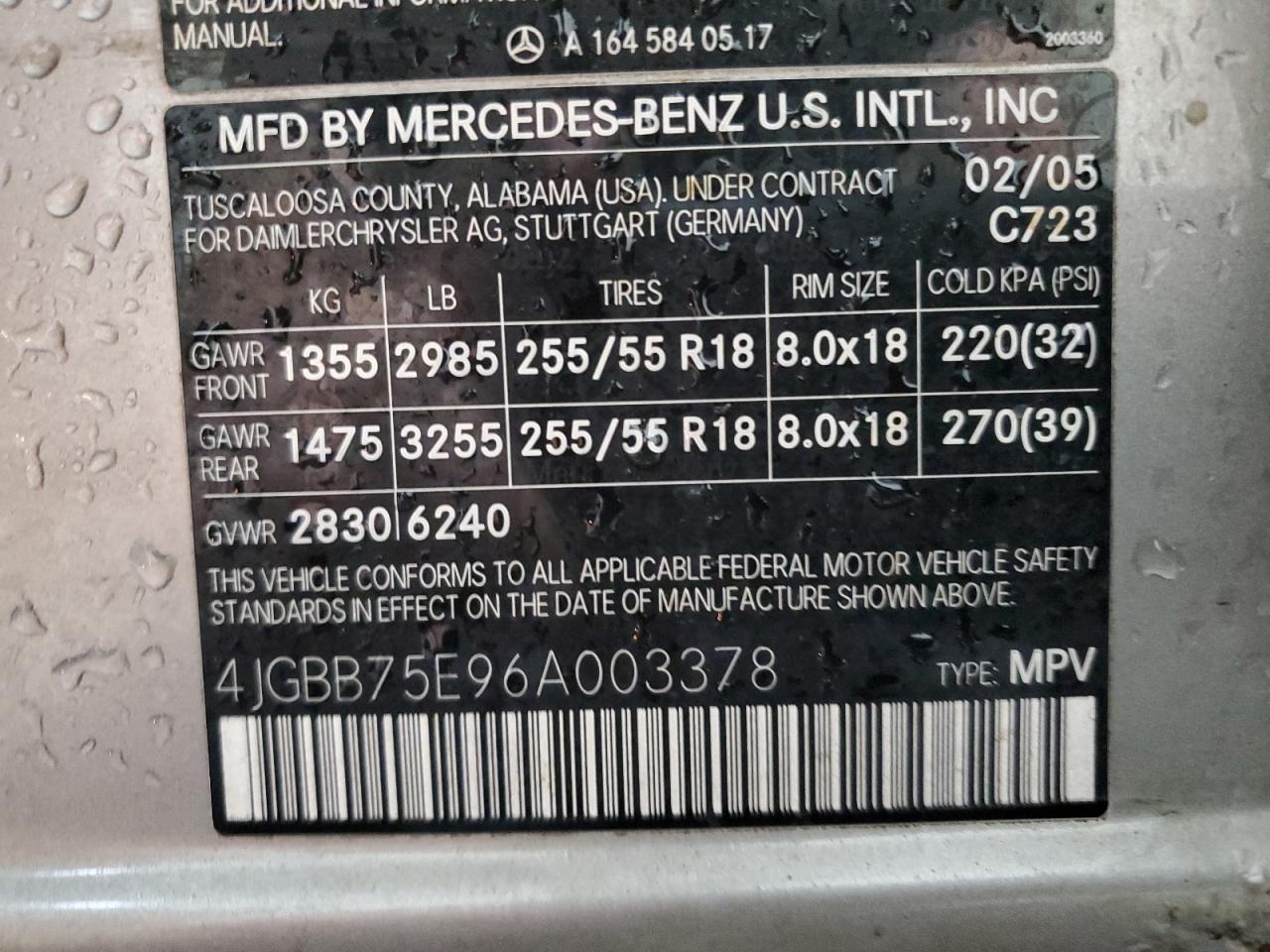 2006 Mercedes-Benz Ml 500 VIN: 4JGBB75E96A003378 Lot: 71630775