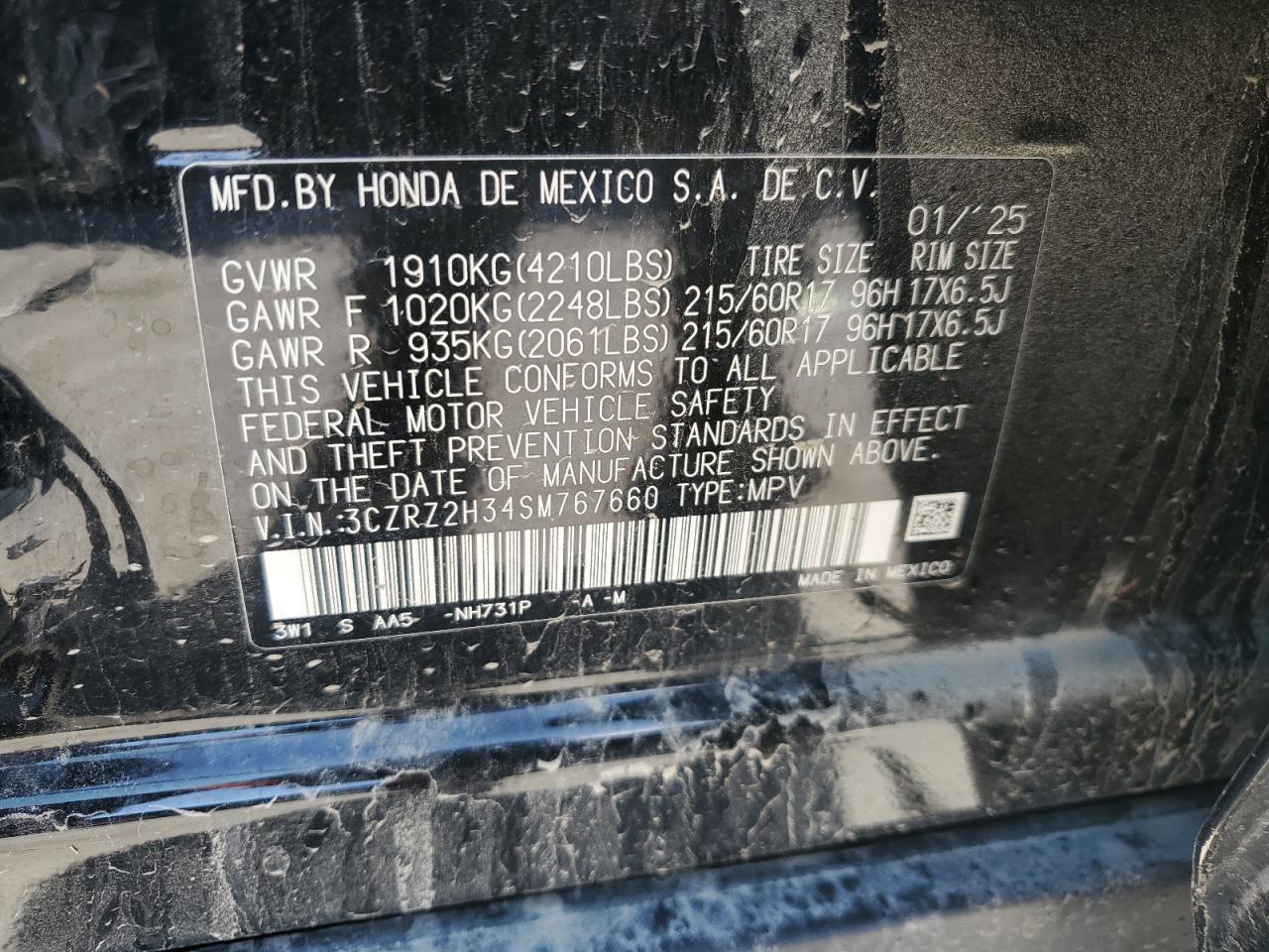 2025 Honda Hr-V Lx VIN: 3CZRZ2H34SM767660 Lot: 84035925