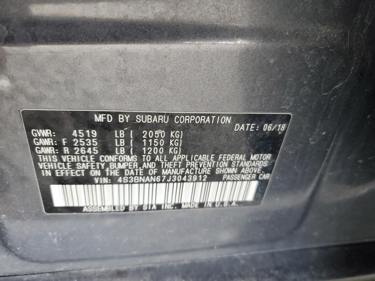 2018 Subaru Legacy 2.5I Limited VIN: 4S3BNAN67J3043912 Lot: 71226125
