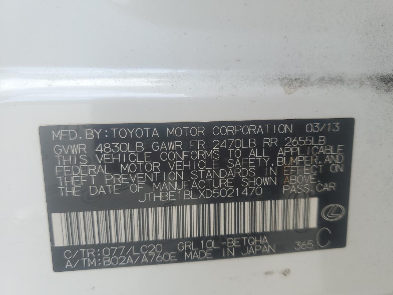 2013 Lexus Gs 350 VIN: JTHBE1BLXD5021470 Lot: 80356255