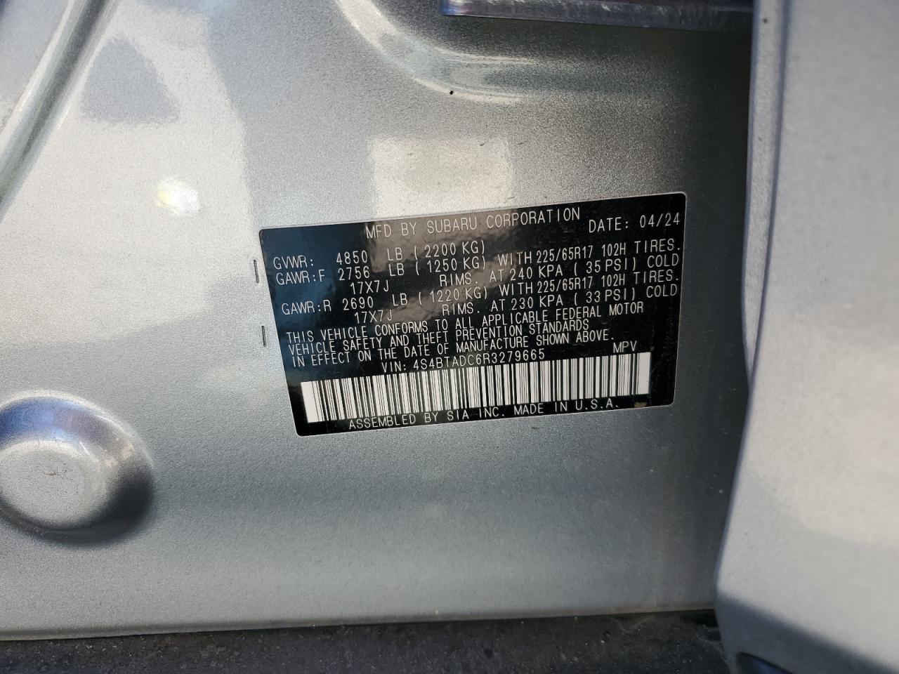 2024 Subaru Outback Premium VIN: 4S4BTADC6R3279665 Lot: 84282425