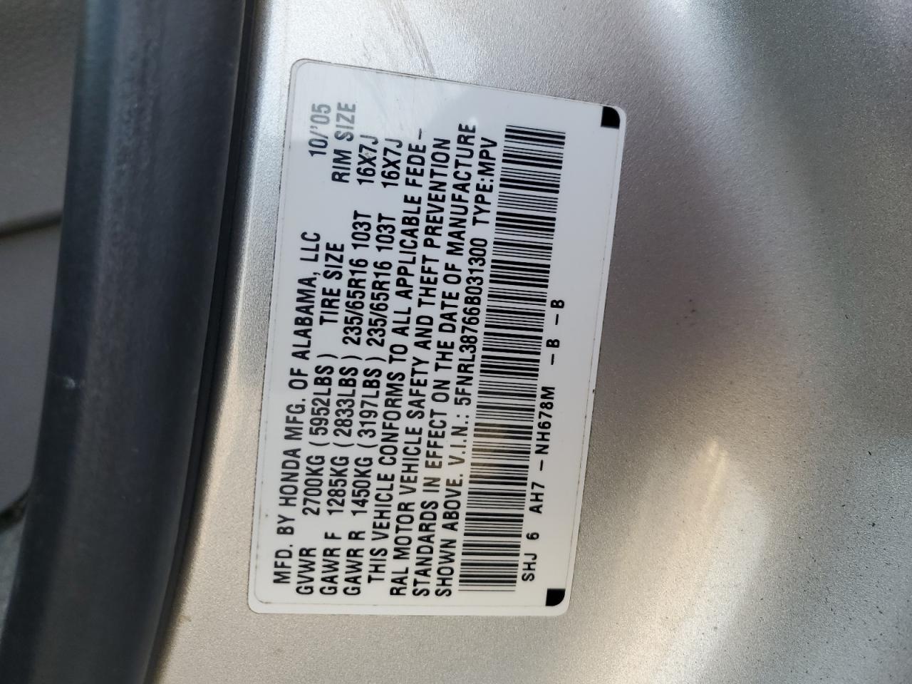 2006 Honda Odyssey Exl VIN: 5FNRL38766B031300 Lot: 80302365