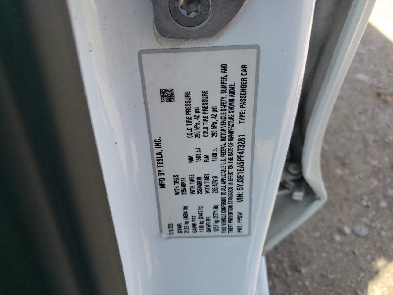 2023 Tesla Model 3 VIN: 5YJ3E1EA5PF473281 Lot: 72022455