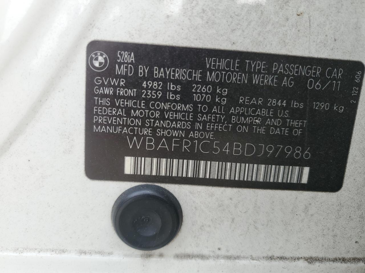 2011 BMW 528 I VIN: WBAFR1C54BDJ97986 Lot: 84646795