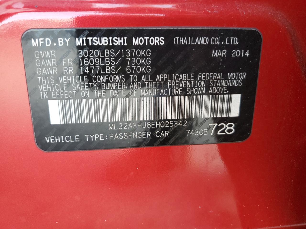 2014 Mitsubishi Mirage De VIN: ML32A3HJ8EH025342 Lot: 81110455