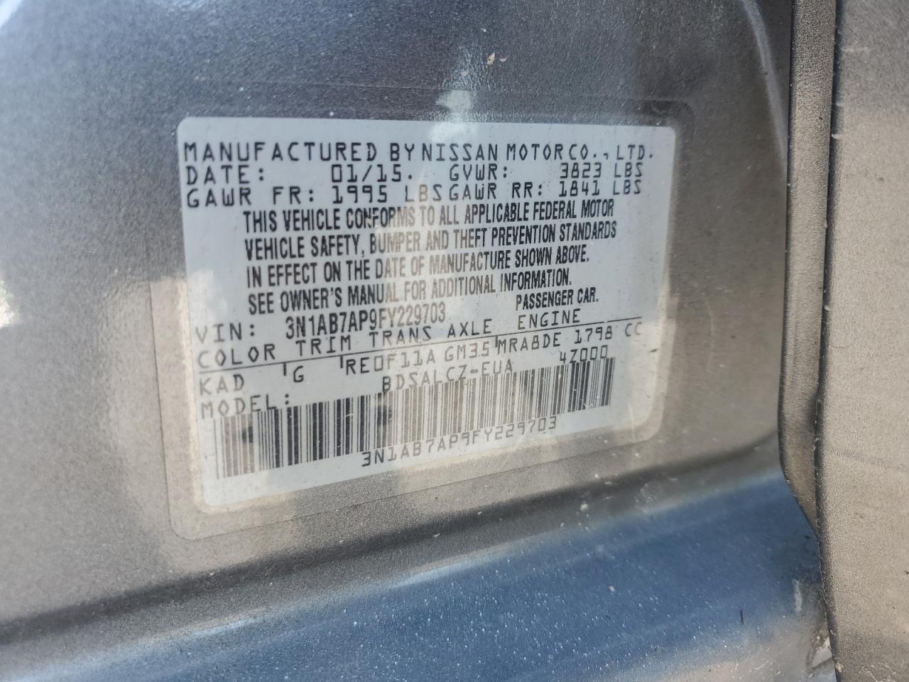 2015 Nissan Sentra S VIN: 3N1AB7AP9FY229703 Lot: 70342025