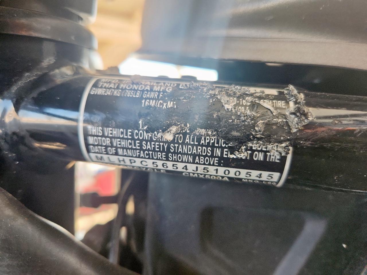 2018 Honda Cmx500 A VIN: MLHPC5654J5100545 Lot: 72015955