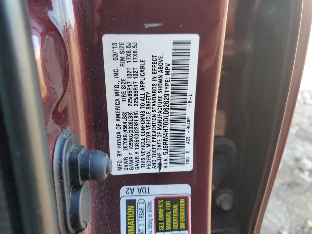 2013 Honda Cr-V Exl VIN: 5J6RM4H70DL062629 Lot: 81799525