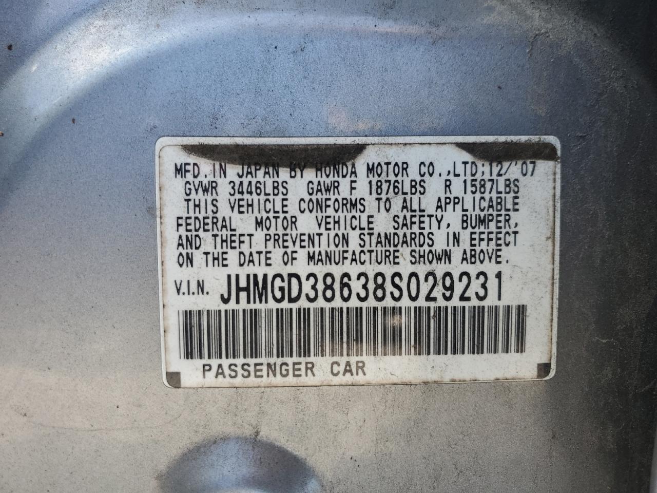 2008 Honda Fit Sport VIN: JHMGD38638S029231 Lot: 84378015