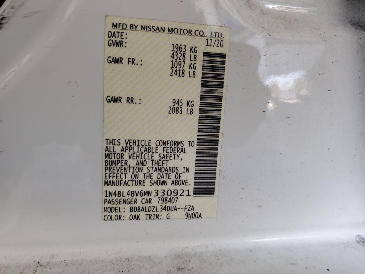 2021 Nissan Altima S VIN: 1N4BL4BV6MN330921 Lot: 80185735