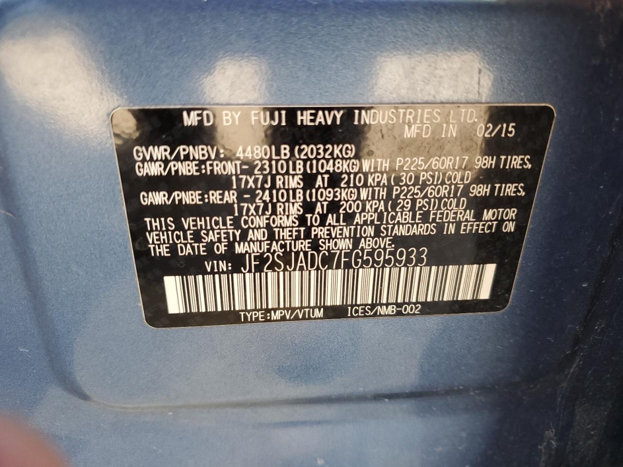 2015 Subaru Forester 2.5I Premium VIN: JF2SJADC7FG595933 Lot: 80726035