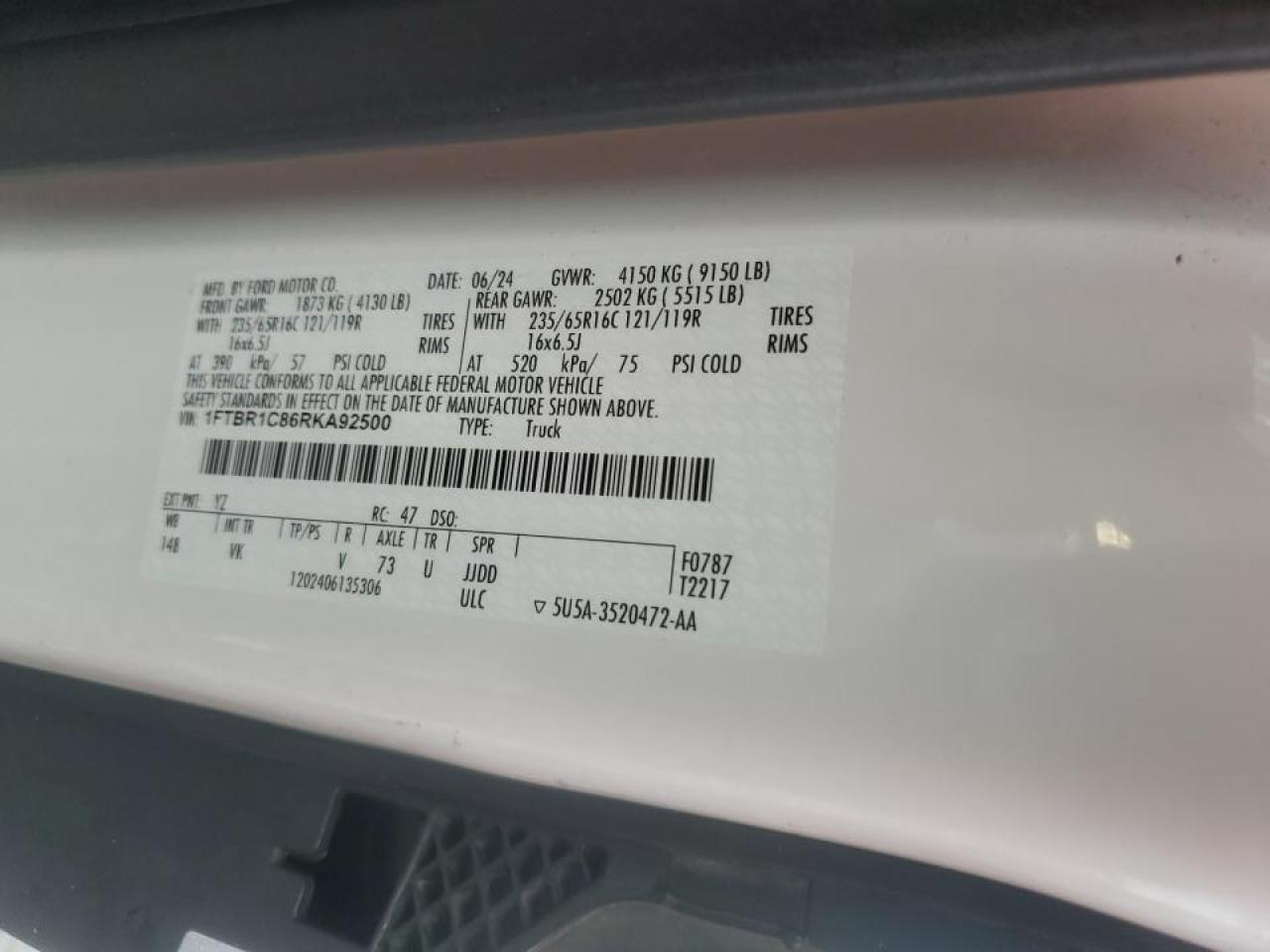 2024 Ford Transit T-250 VIN: 1FTBR1C86RKA92500 Lot: 69119145