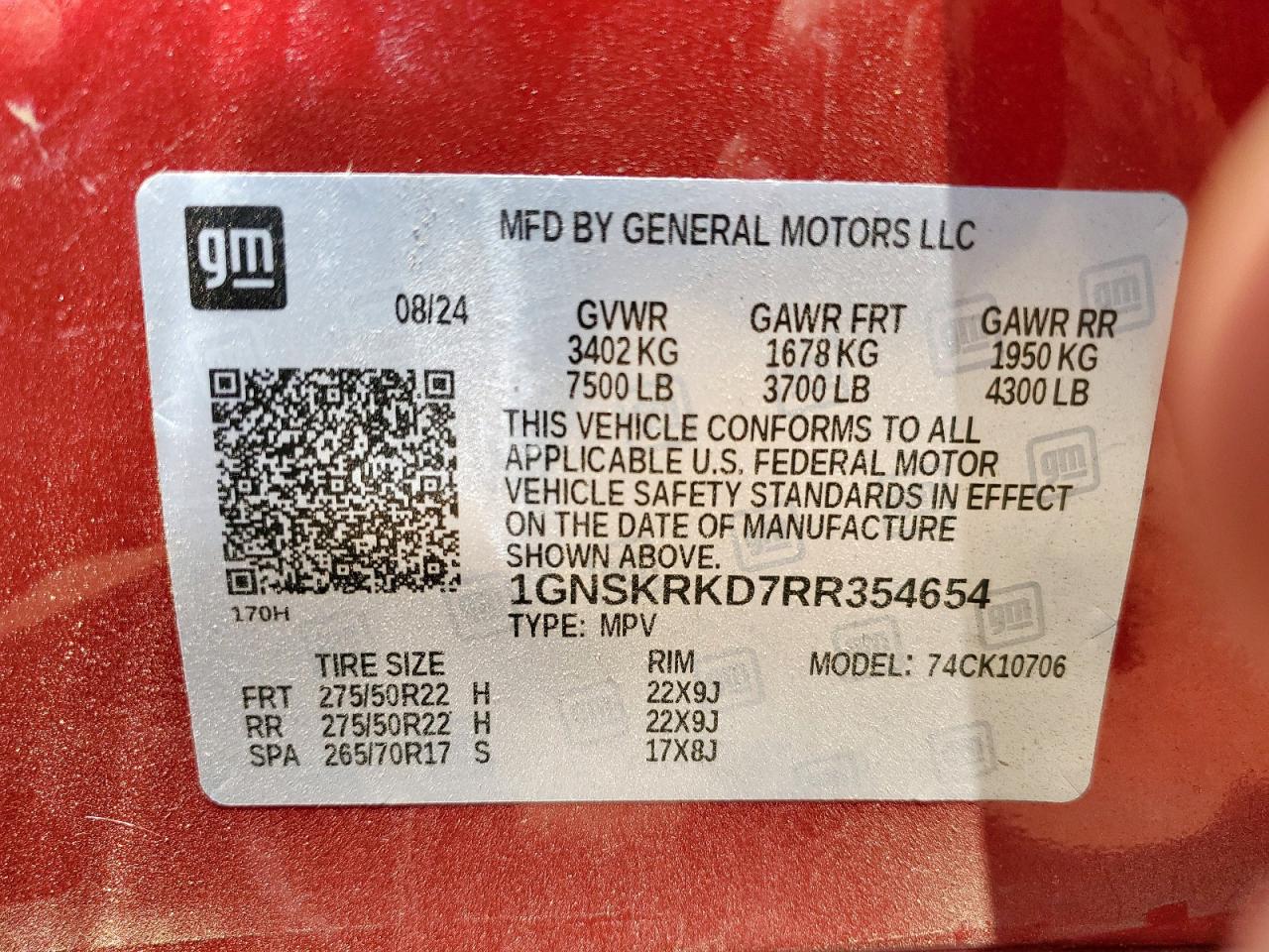 2024 Chevrolet Tahoe K1500 Rst VIN: 1GNSKRKD7RR354654 Lot: 71530615