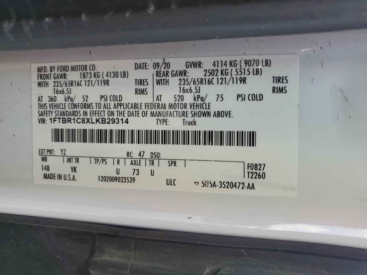 2020 Ford Transit T-250 VIN: 1FTBR1C8XLKB29314 Lot: 80901945