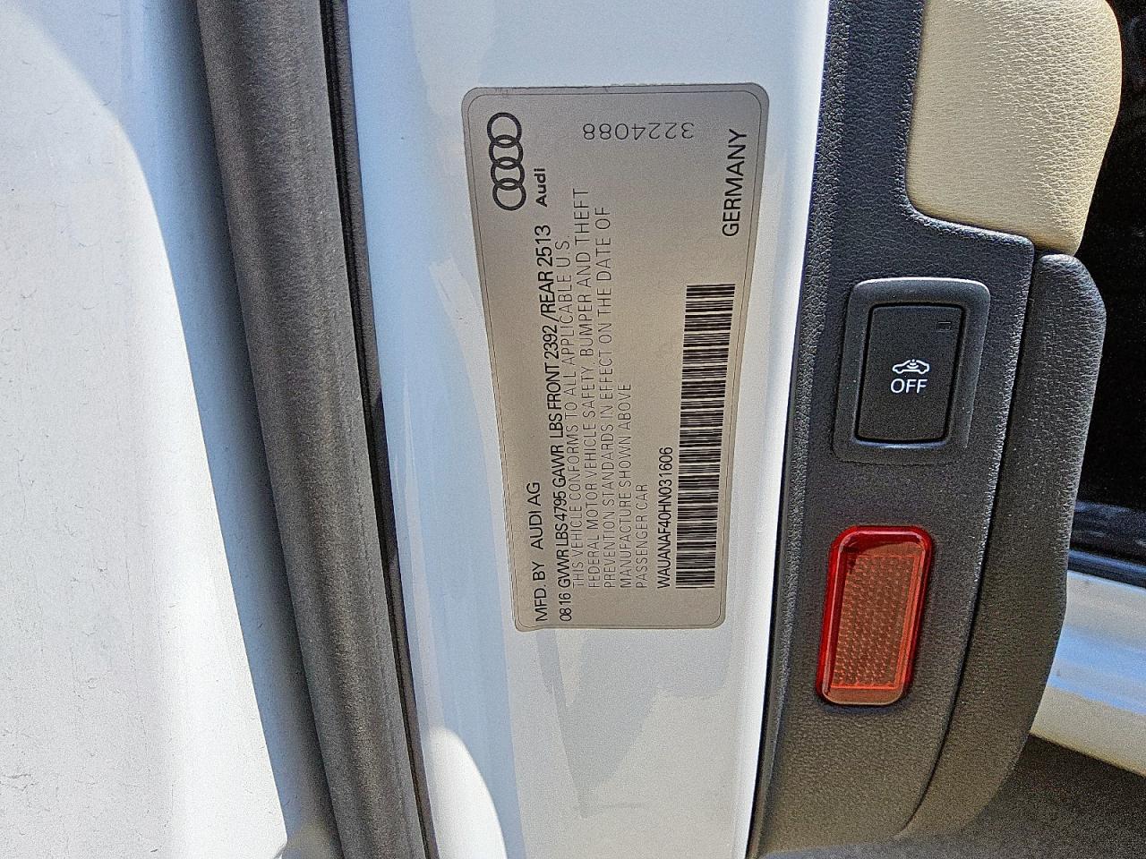 2017 Audi A4 Premium VIN: WAUANAF40HN031606 Lot: 81436525