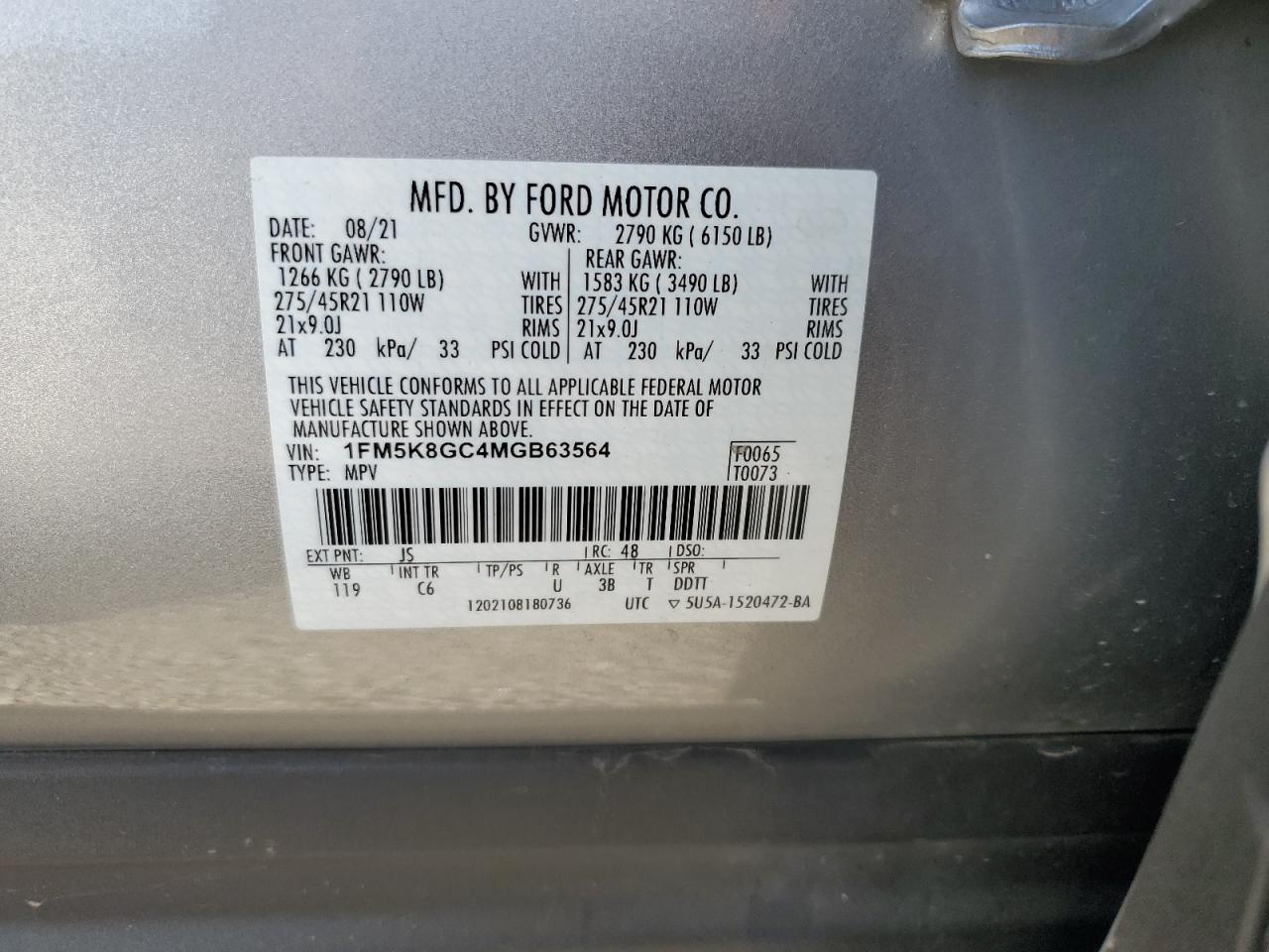 2021 Ford Explorer St VIN: 1FM5K8GC4MGB63564 Lot: 72008315