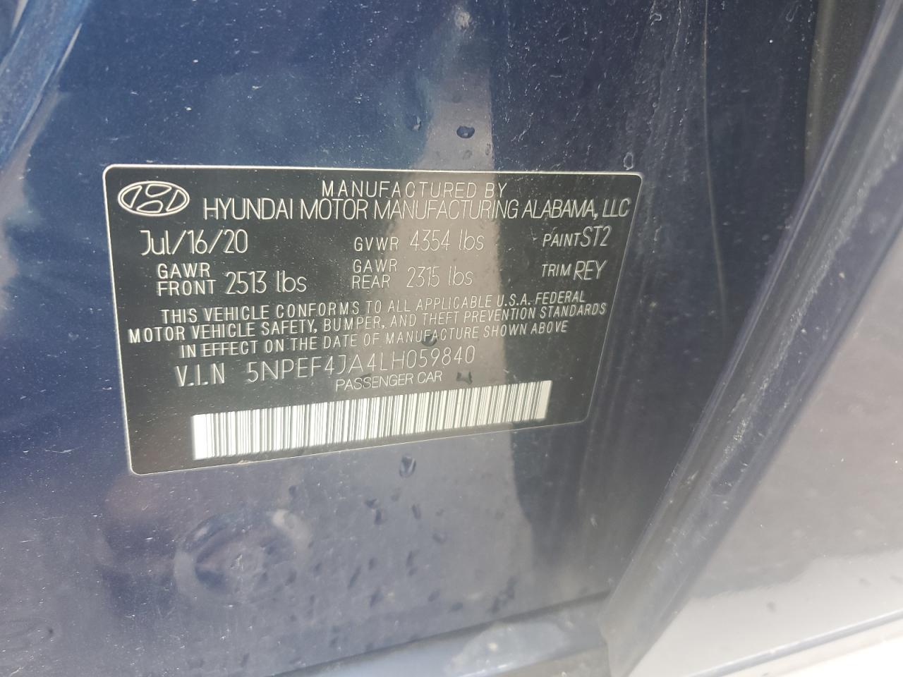 2020 Hyundai Sonata Sel VIN: 5NPEF4JA4LH059840 Lot: 80254255