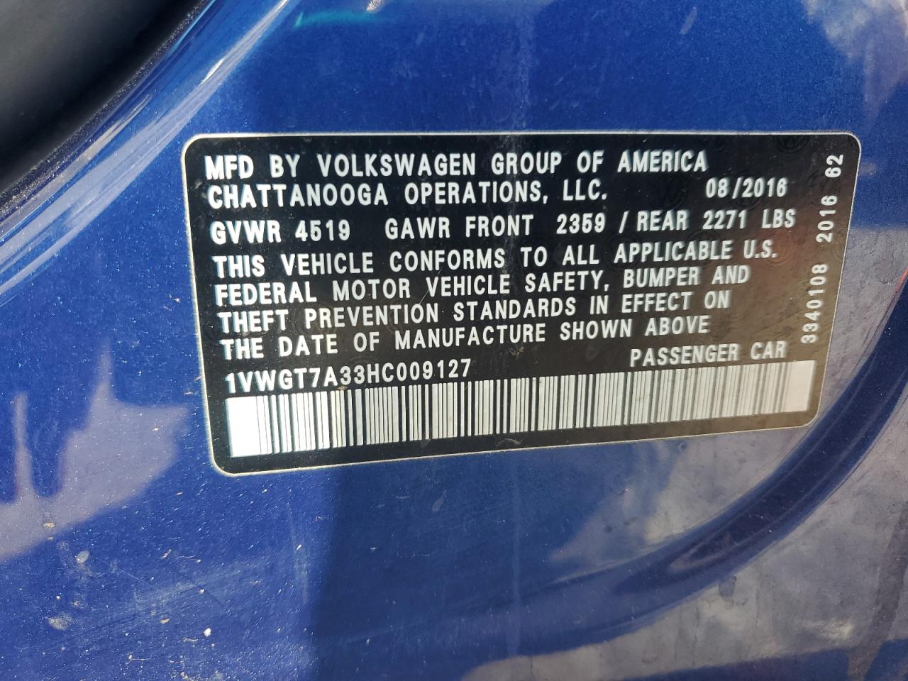 2017 Volkswagen Passat Se VIN: 1VWGT7A33HC009127 Lot: 71670595