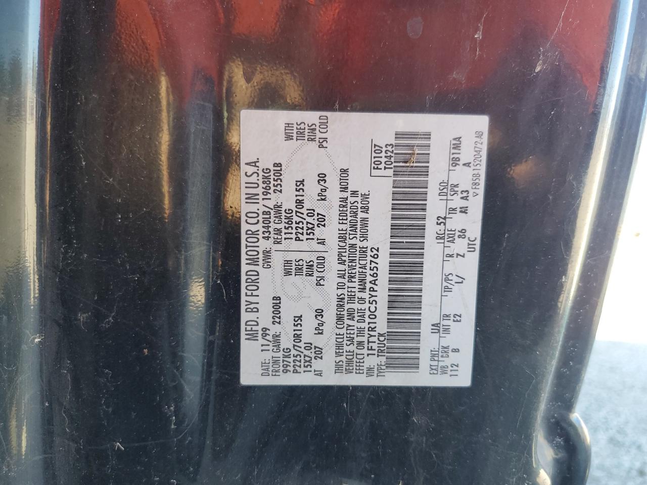 2000 Ford Ranger VIN: 1FTYR10C5YPA65762 Lot: 81604325