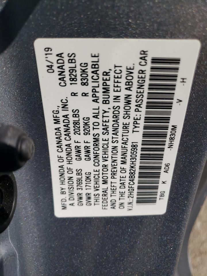 2019 Honda Civic Sport VIN: 2HGFC4B82KH305981 Lot: 80371065