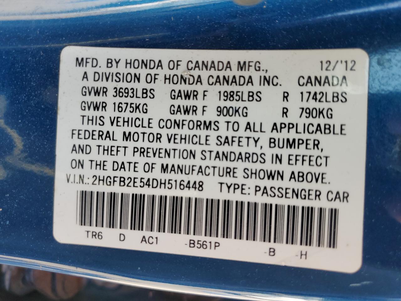 2013 Honda Civic Lx VIN: 2HGFB2E54DH516448 Lot: 70414075