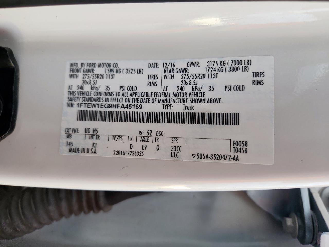 2017 Ford F150 Supercrew VIN: 1FTEW1EG9HFA45169 Lot: 82162845
