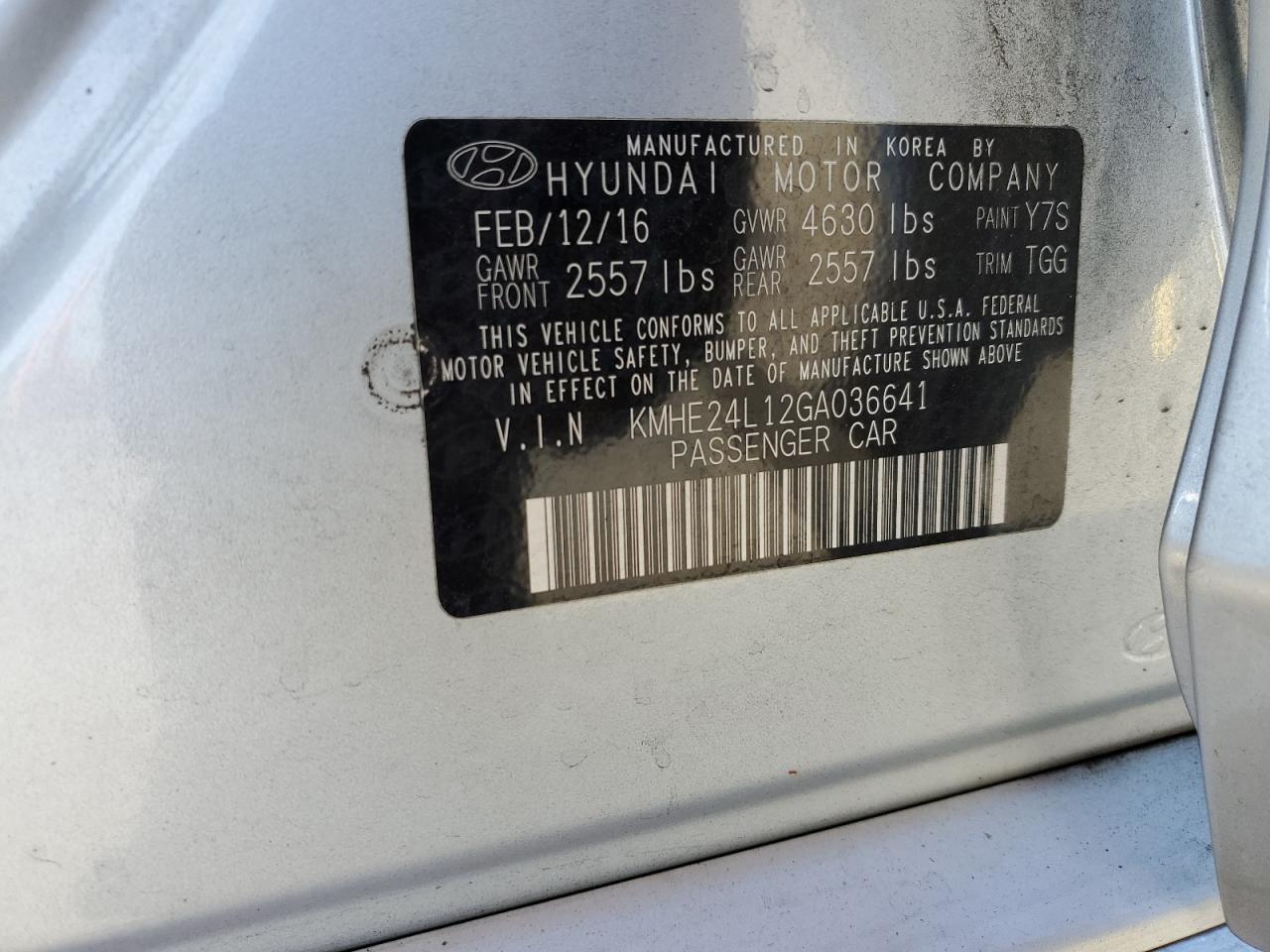 2016 Hyundai Sonata Hybrid VIN: KMHE24L12GA036641 Lot: 83823845