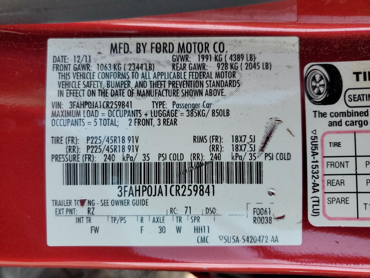 2012 Ford Fusion Sel VIN: 3FAHP0JA1CR259841 Lot: 84621565